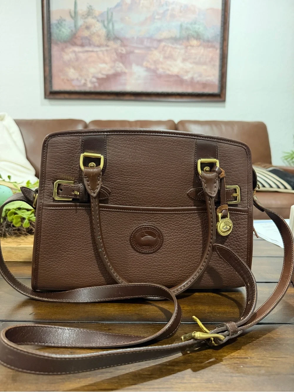 Dooney & Bourke Brown Pebble Leather Satchel with Gold Hardware